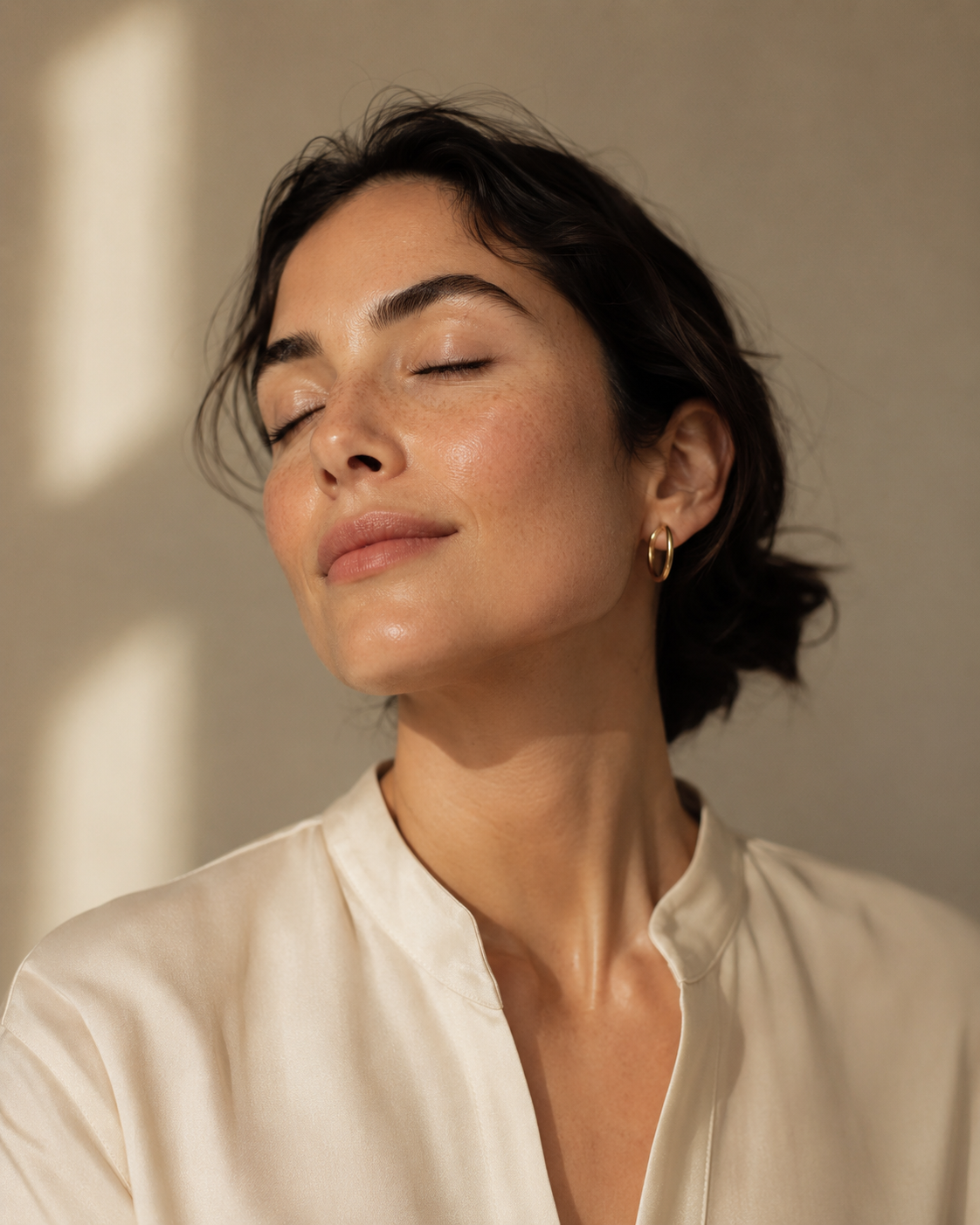 Retrato de mulher com olhos fechados, pele luminosa e brincos dourados em iluminação natural suave
