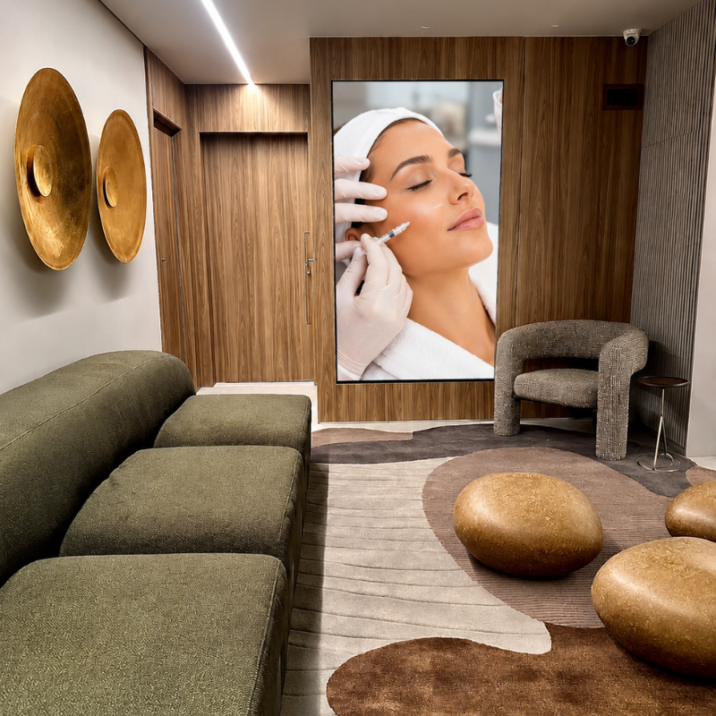 Sala de espera da Laversa com painel e mobiliário sofisticado